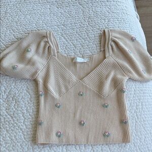 Astr Cream Puff Sleeve Knit Top with Floral Embroidery